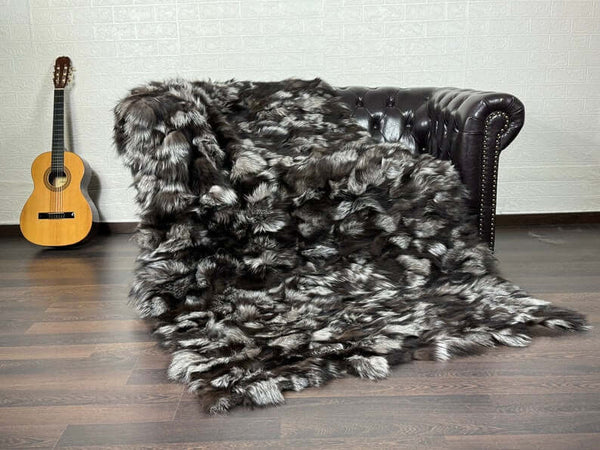 Tatifurs Natural Silver Fox Fur Throw Blanket Velvet Cotton Backing