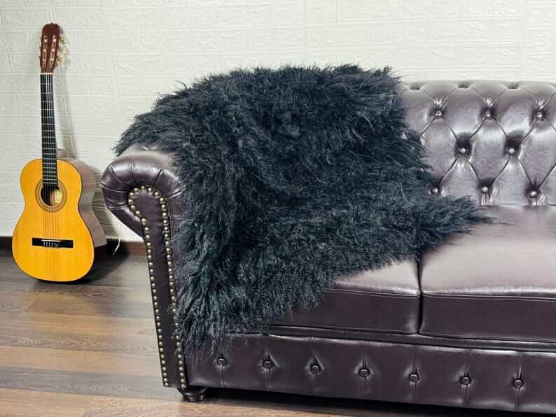 Tatifurs Black Mongolian Sheepskin Full Skin Fur Throw Blanket Velvet Cotton Backing